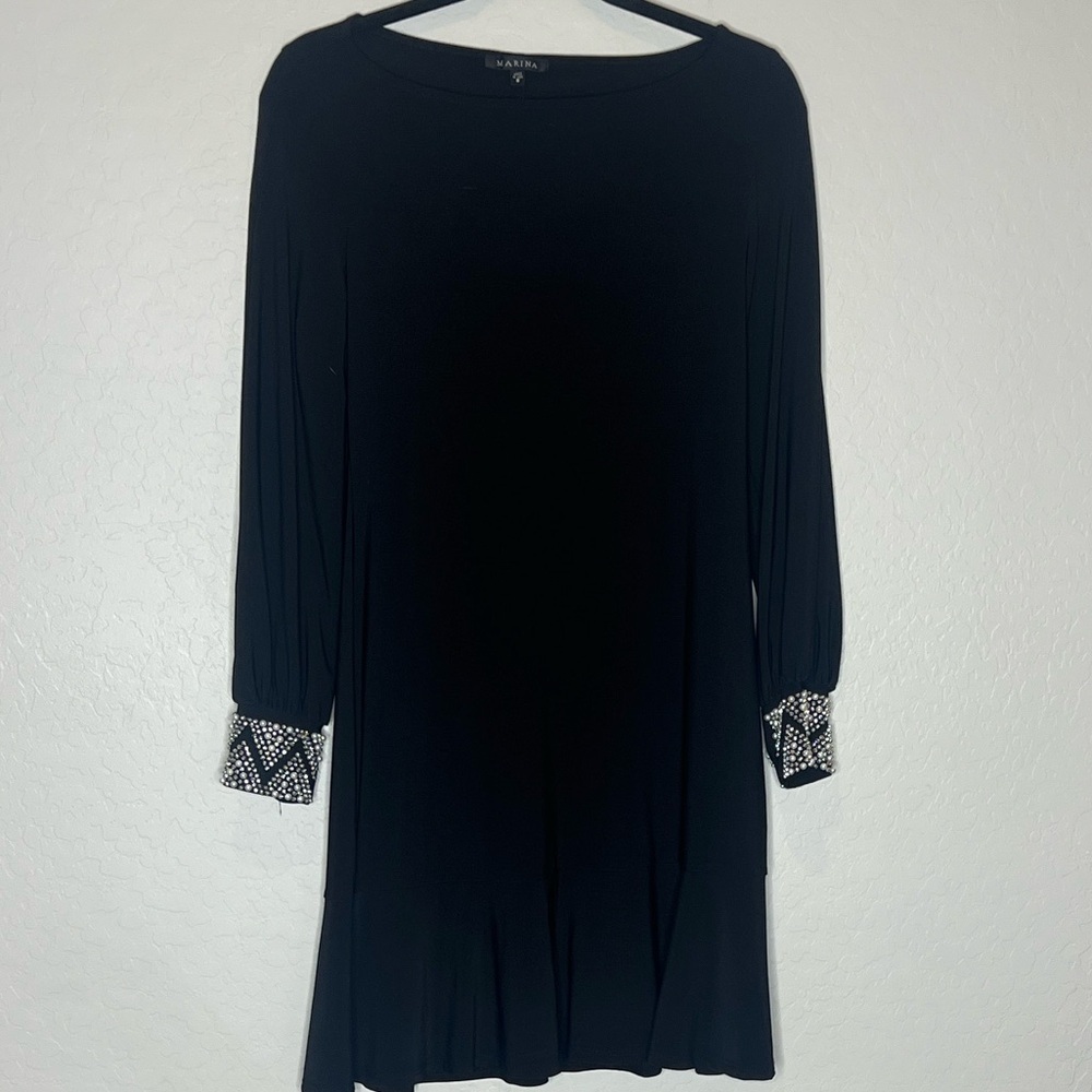 Marina Evening Black Dress with Beaded sleeve cuff accent size 8